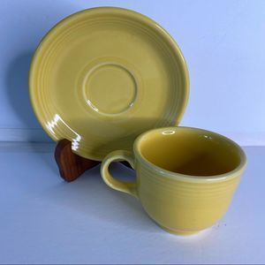 Fiestaware cup and saucer coffee tea set. Yellow Homer Laughlin Company.